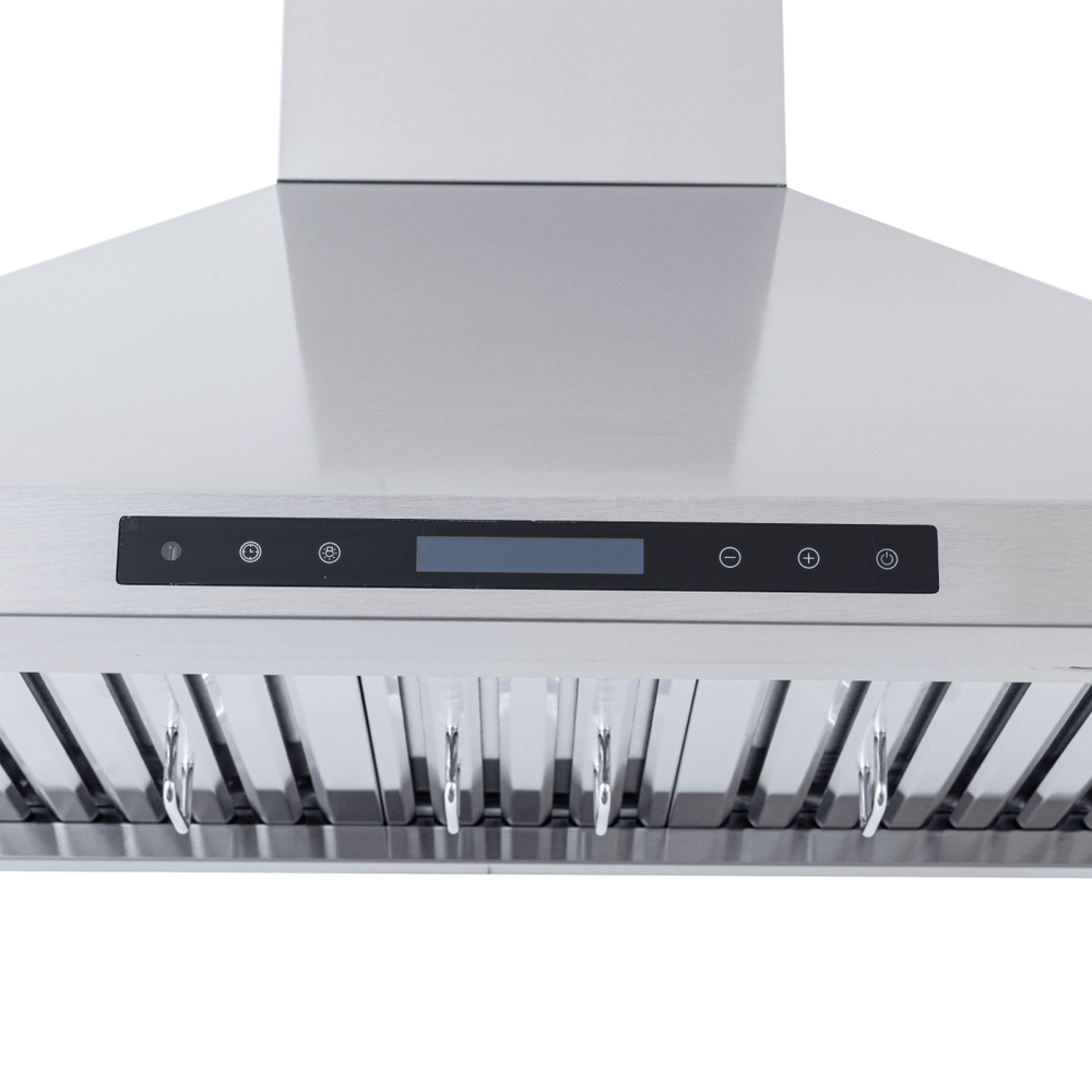 Proline PLFW 129 E stainless steel wall-mounted range hood, 900 CFM, digital panel, front view. ProlineRangeHoods.com.