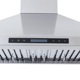 Proline PLFW 129 E stainless steel wall-mounted range hood, 900 CFM, digital panel, front view. ProlineRangeHoods.com.