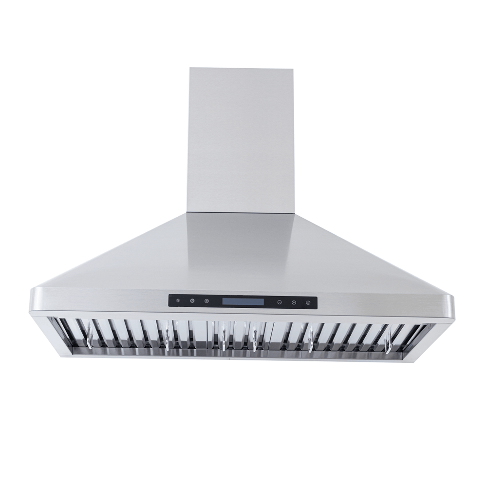 Stainless steel Proline PLFW 129 E range hood with front panel, 900 CFM, on white. ProlineRangeHoods.com.
