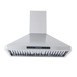 Stainless steel Proline PLFW 129 E range hood with front panel, 900 CFM, on white. ProlineRangeHoods.com.