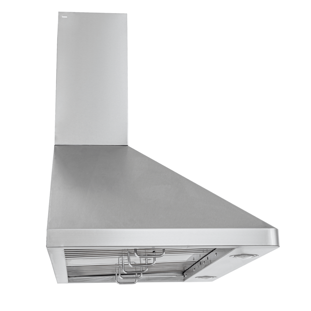 ProlineRangeHoods.com PLFW 129 J stainless steel wall-mount vent hood, 900 CFM, modern design, seen from below.