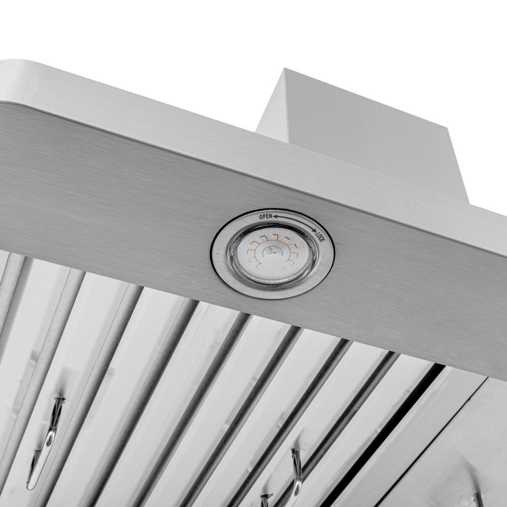 Close-up of Proline PLFW 129 J wall-mounted range hood, stainless steel, 900 CFM, at ProlineRangeHoods.com.