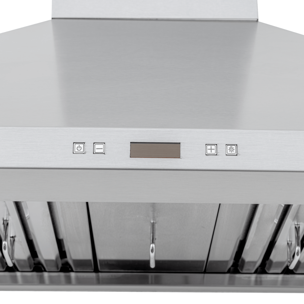 ProlineRangeHoods.com: The PLFW 129 J is a wall-mounted stainless steel hood, 900 CFM, front control, ducted use.