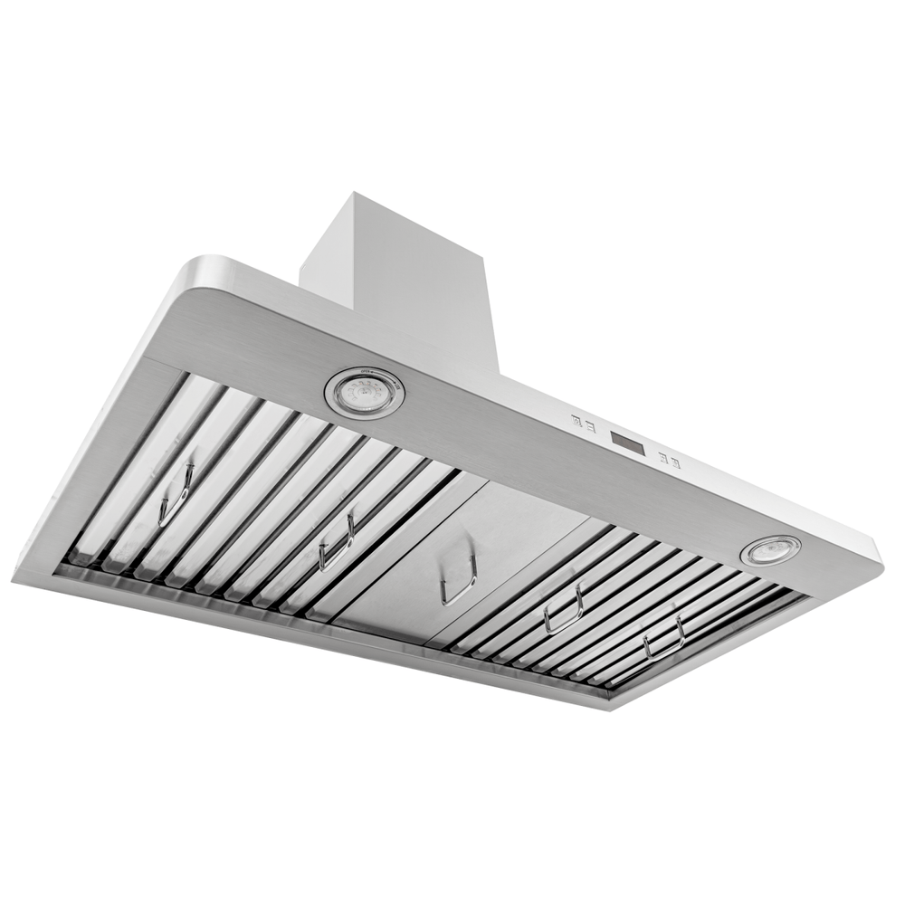 Proline PLFW 129 J wall-mount vent hood: stainless steel, built-in lights/grates, 900 CFM, ducted—ProlineRangeHoods.com.