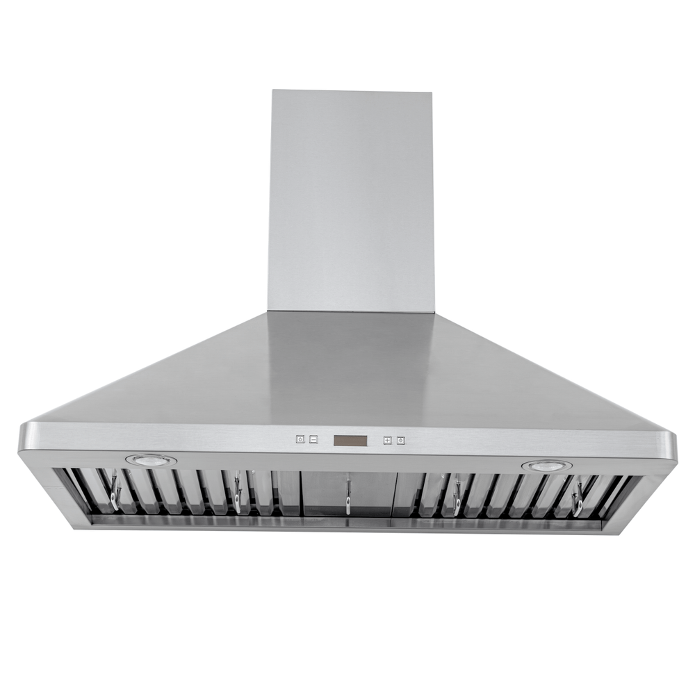 Proline PLFW 129 J wall vent hood with stainless finish, front controls, lights, 900 CFM airflow—ProlineRangeHoods.com.