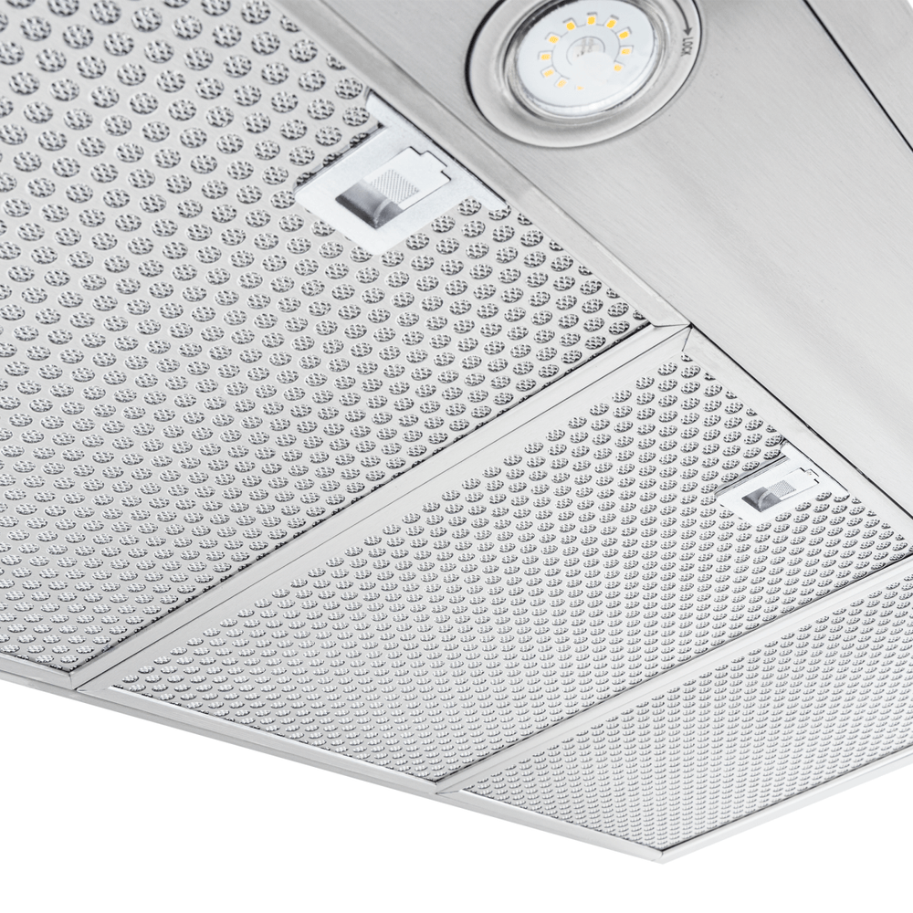 Close-up of Proline PLFW 520 range hood in black/stainless, buttons, light, 600/1200 CFM. ProlineRangeHoods.com.