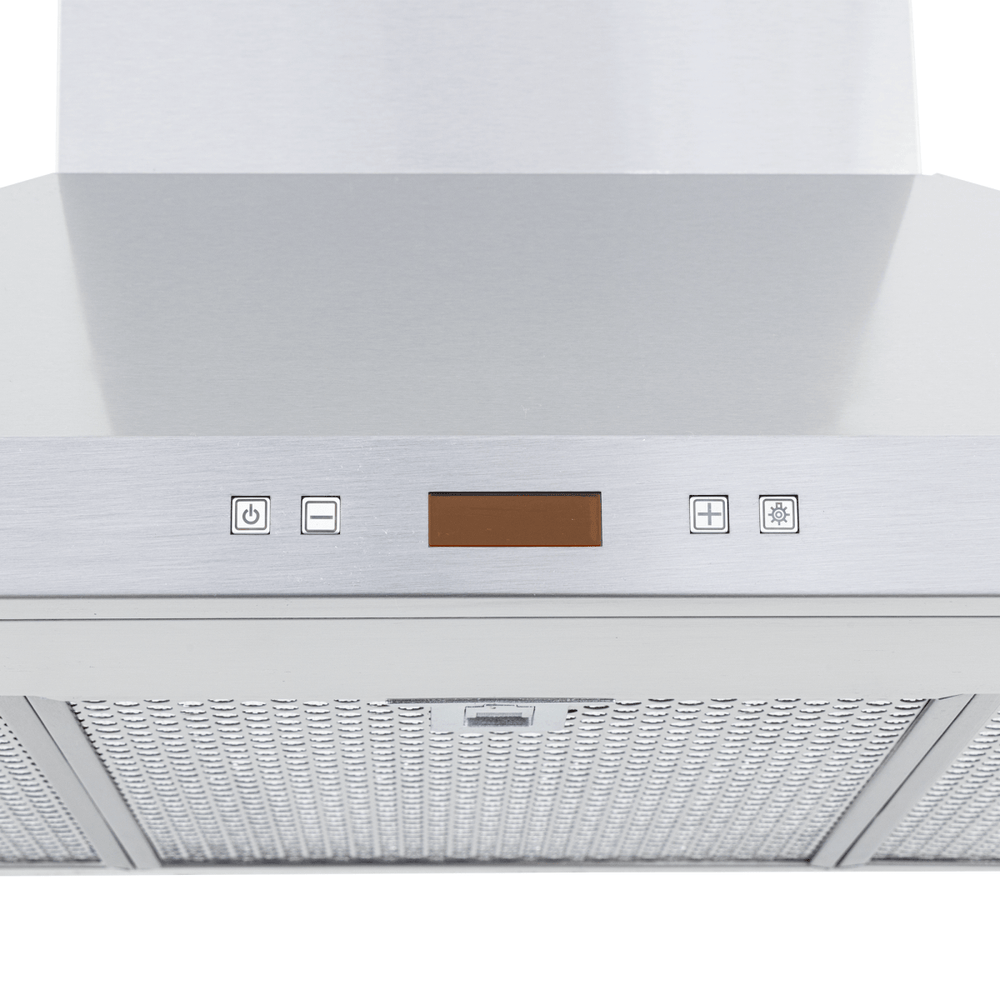 Proline PLFW 520 matte black range hood, buttons, digital display, 600/1200 CFM, ductless; ProlineRangeHoods.com.