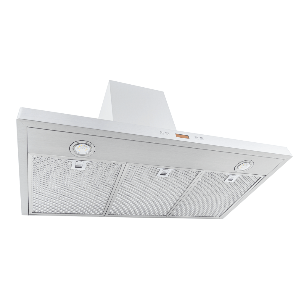 Proline PLFW 520 range hood in matte black, mesh filters, lights, 600/1200 CFM; from below. ProlineRangeHoods.com.