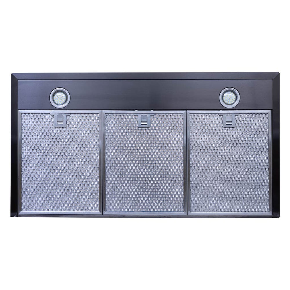 The Proline PLFW 520 by ProlineRangeHoods.com is a black wall-mounted hood with 3 filters and 2 lights for kitchen ventilation.