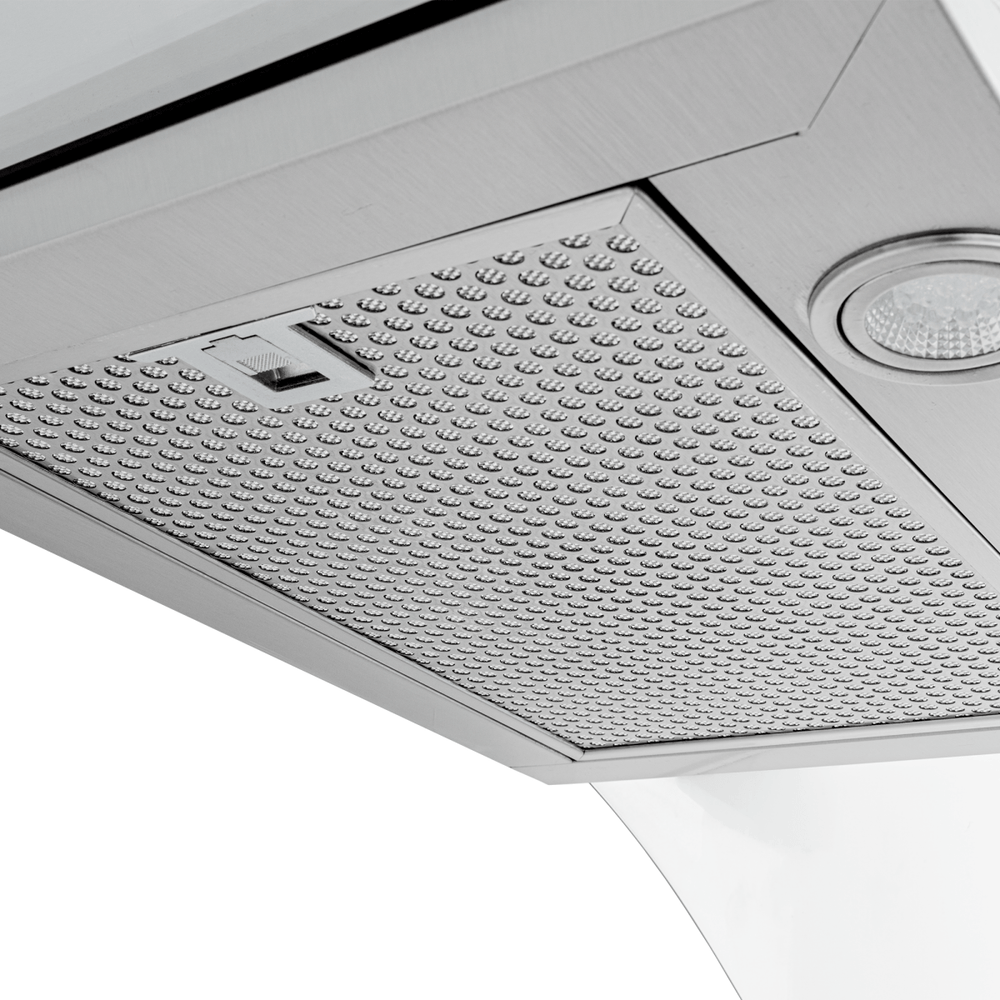 Close-up of the Proline PLFW 544 Wall Mounted Range Hood at ProlineRangeHoods.com—600 CFM, quiet, stylish, ductless.