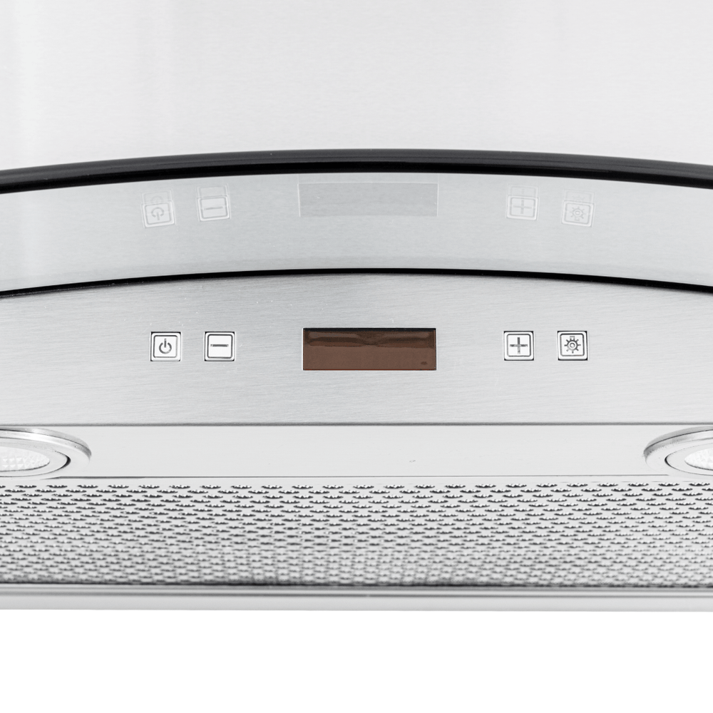 Close-up of Proline PLFW 544 Range Hood—600 CFM, quiet, stainless steel—by ProlineRangeHoods.com; digital controls.