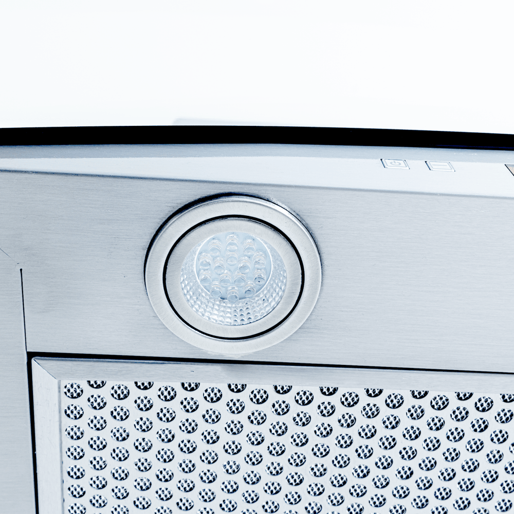 Close-up of ProlineRangeHoods.com PLFW 544 wall mount hood: LED light, quiet 600 CFM, ductless option.