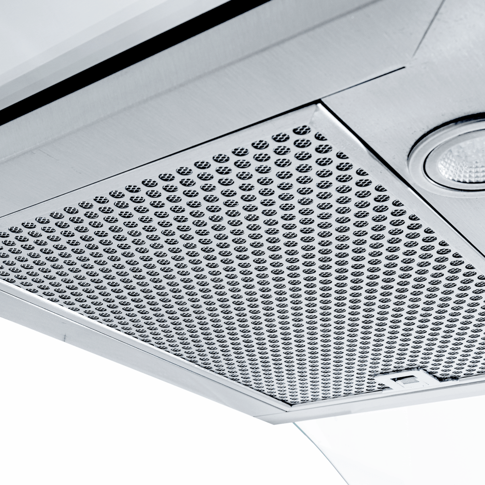 Close-up of Proline PLFW 544’s filter and light, quiet 600 CFM. Convertible. ProLineRangeHoods.com.