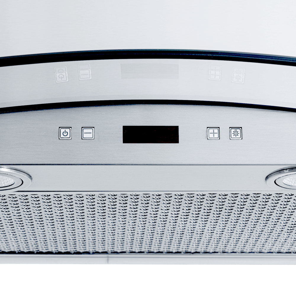 ProlineRangeHoods.com: Close-up of the PLFW 544 Wall Mounted Hood, stainless steel, quiet 600 CFM, ductless option.