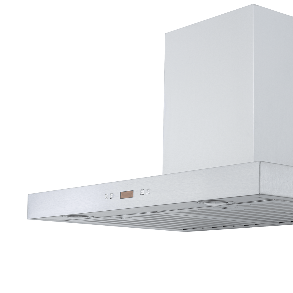 Proline PLFW 750 wall-mount range hood, control buttons, filters, stainless steel; 900/1100 CFM. ProlineRangeHoods.com.