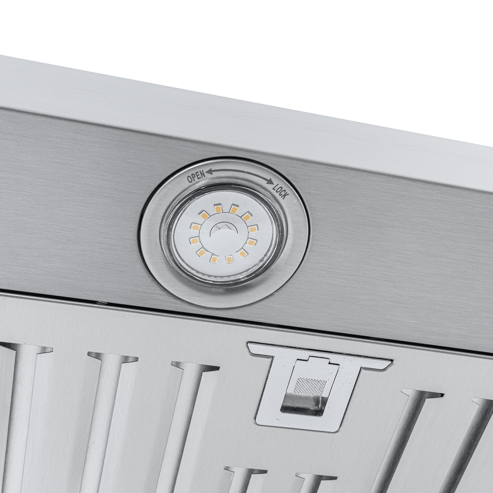 Close-up of Proline PLFW 750 range hood in stainless steel with LED control, vents, 900/1100 CFM—ProlineRangeHoods.com.