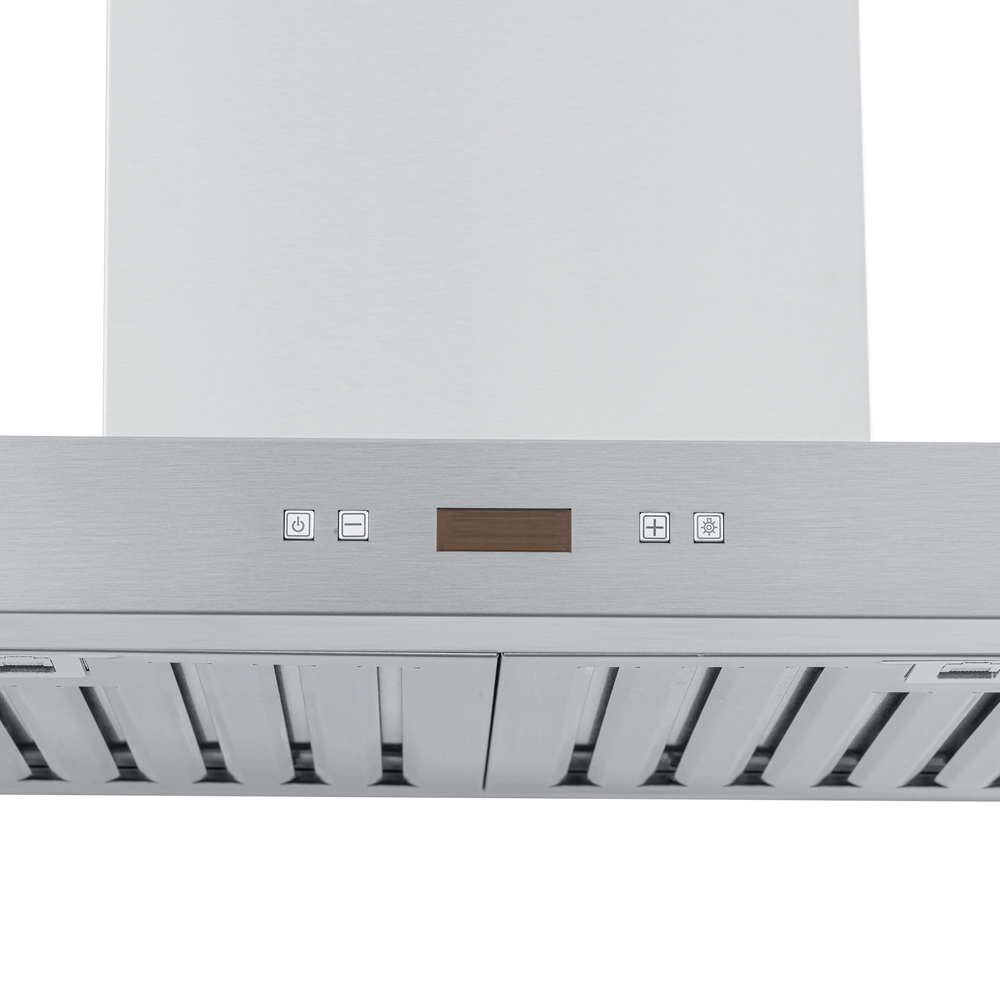 Proline PLFW 750 wall-mounted range hood: stainless steel, digital display, 900/1100 CFM. ProlineRangeHoods.com.