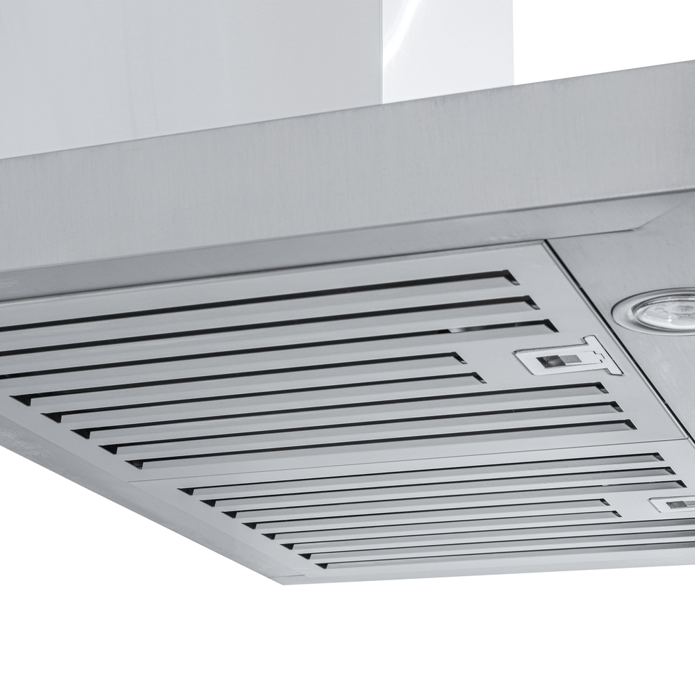 Close-up of Proline PLFW 750 Range Hood, stainless finish, vent grates, light; ProlineRangeHoods.com.