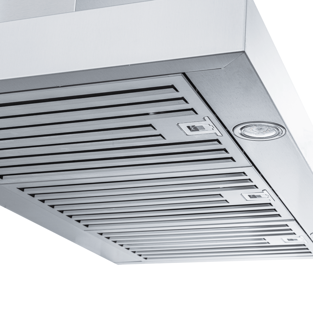 Proline PLFW 750 ducted wall-mounted range hood with stainless finish, lights, 900/1100 CFM. ProlineRangeHoods.com.
