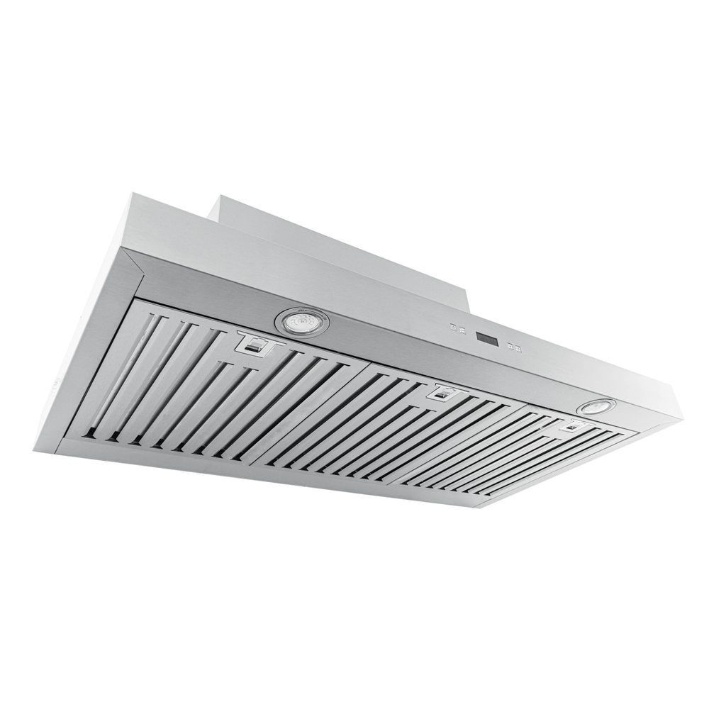 Proline PLFW 750 stainless steel ducted range hood with 900/1100 CFM, lights, shown from below. ProlineRangeHoods.com.