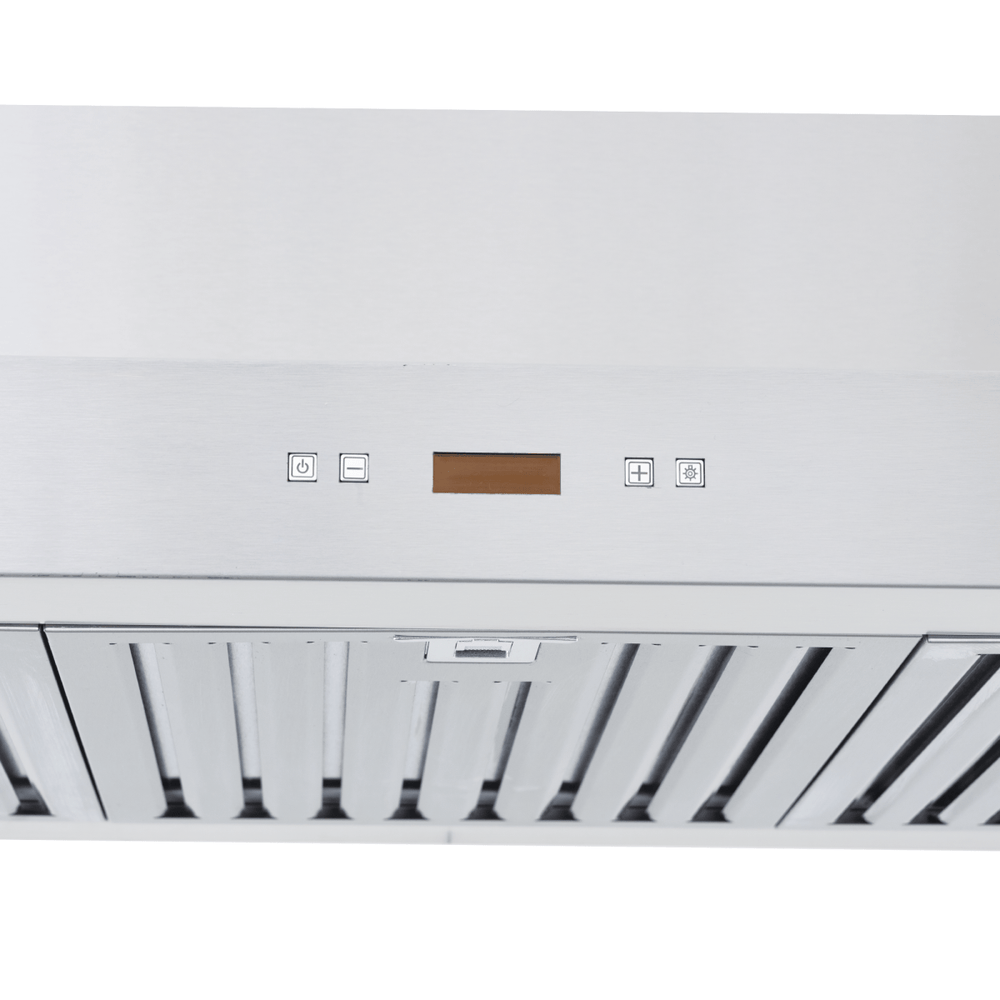 Close-up of Proline PLFW 750 wall-mounted range hood in stainless steel, control panel, digital display. ProlineRangeHoods.com.