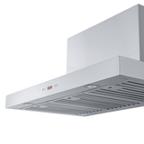 Proline PLFW 750 wall range hood with vent slats, lights, 900/1100 CFM airflow, stainless steel; ProlineRangeHoods.com.
