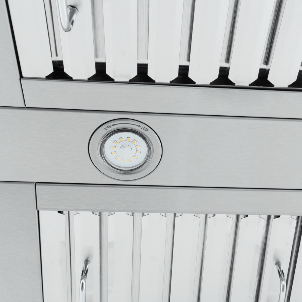 Close-up of Proline PLFW 755 wall-mounted stainless hood, dual 1100 CFM motors, at ProlineRangeHoods.com.