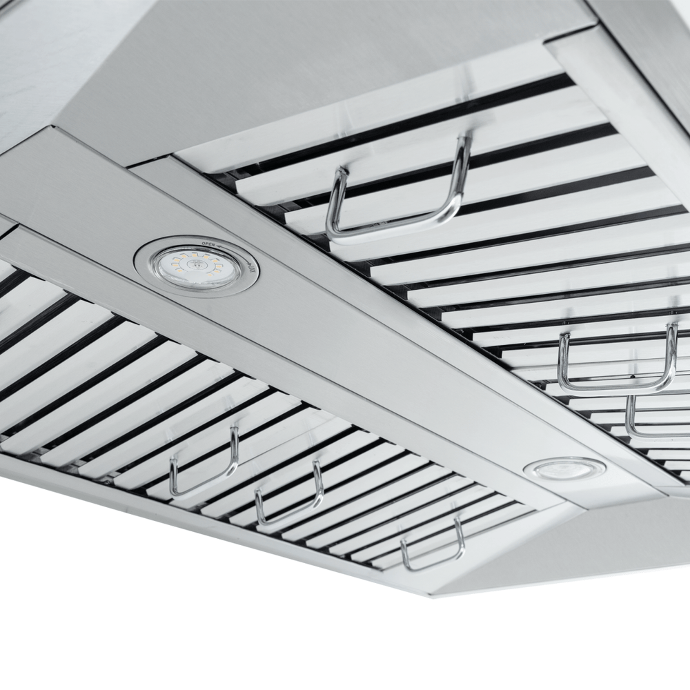 Proline PLFW 755 ducted stainless wall range hood with lights, metal grates, dual motors. ProlineRangeHoods.com.