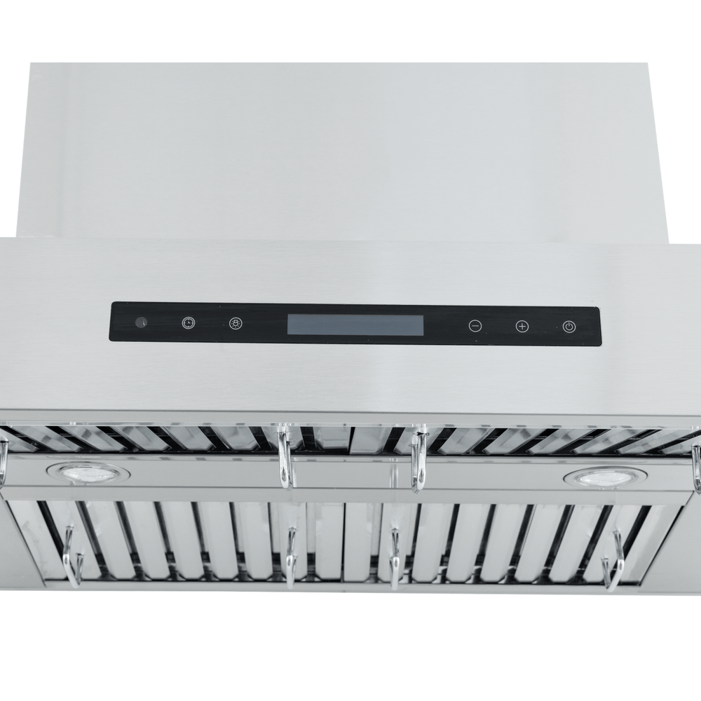 Proline PLFW 755 ducted wall range hood, 1100 CFM, stainless steel, controls and filters. ProlineRangeHoods.com.
