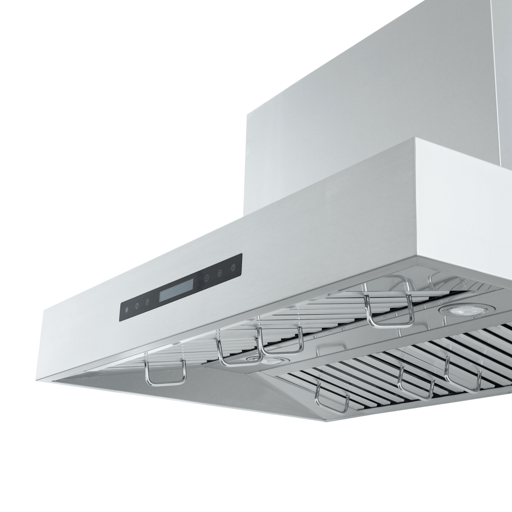 The Proline PLFW 755 wall range hood, 1100 CFM, dual motors, stainless steel—see ProlineRangeHoods.com below.