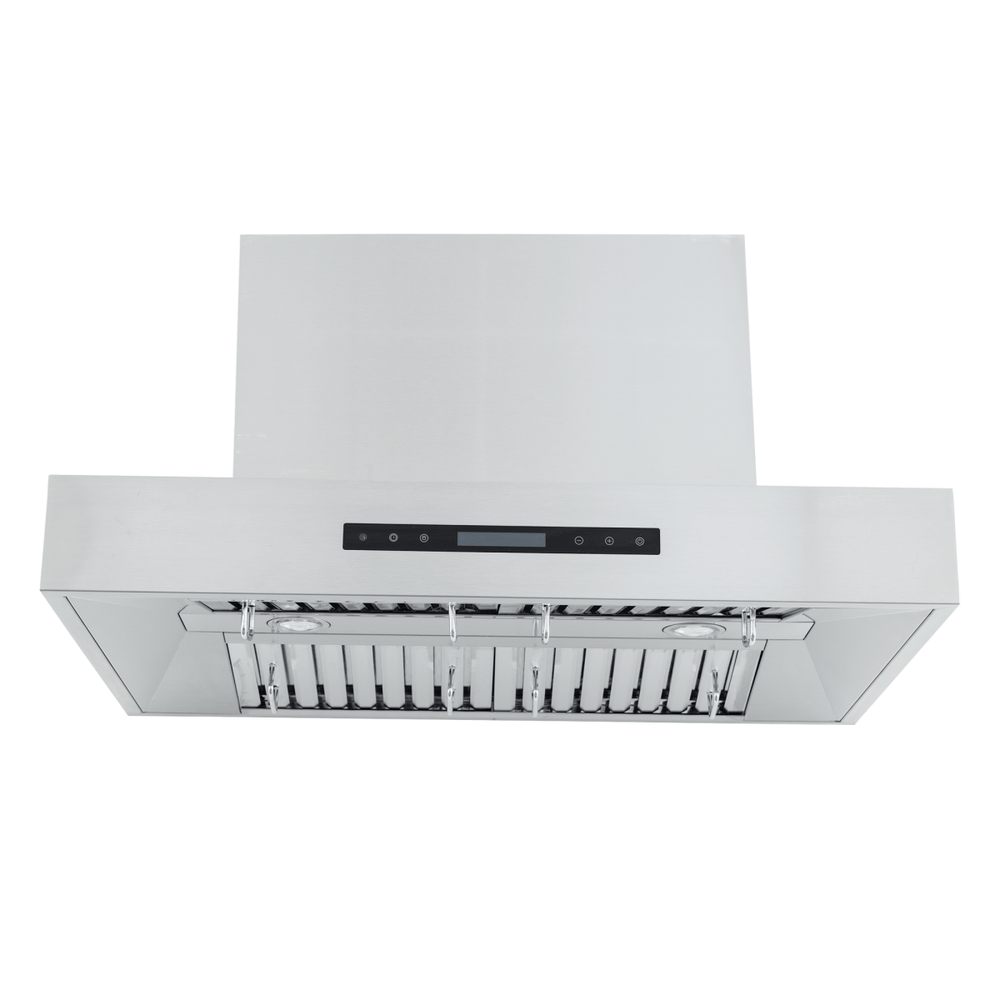 Proline PLFW 755 wall-mounted range hood, 1100 CFM dual motors, stainless steel, filters—shown below. ProlineRangeHoods.com.