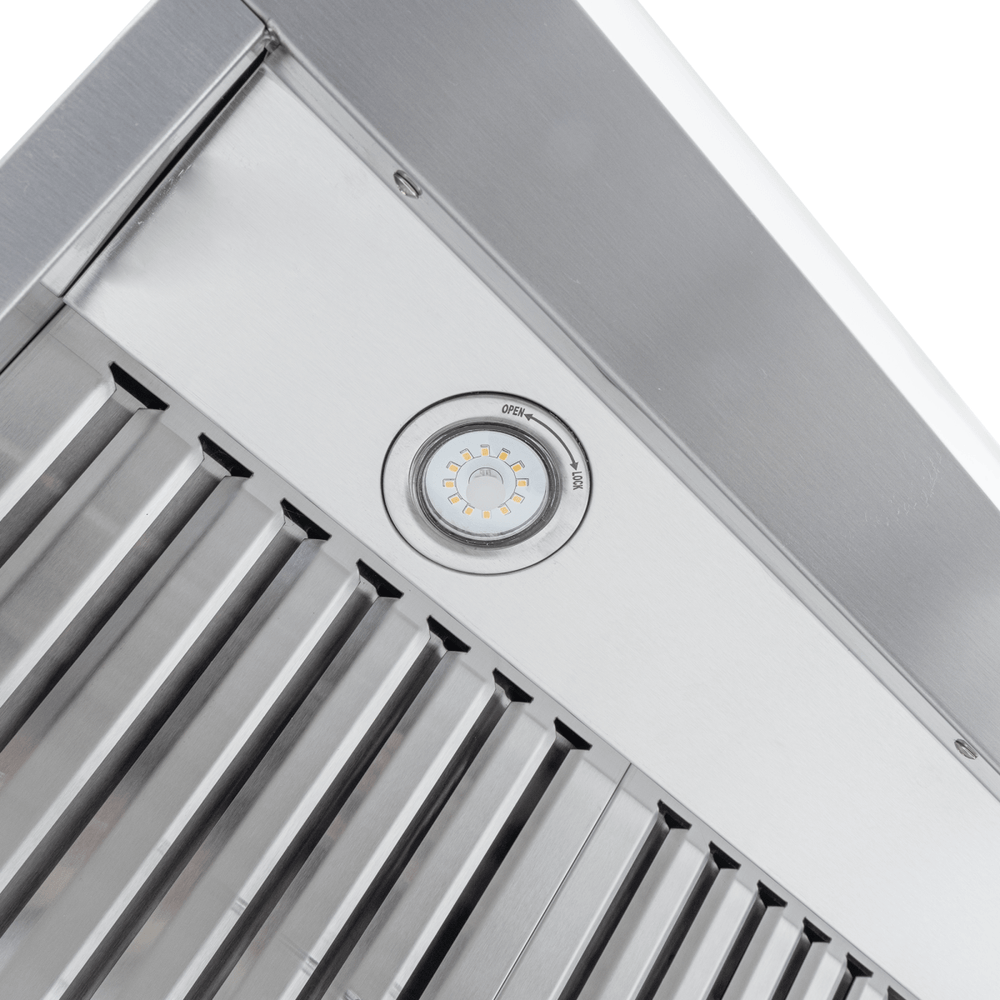 Proline PLFW 832 under-cabinet range hood in stainless, built-in gauge, 1000/2000 CFM, ProlineRangeHoods.com.