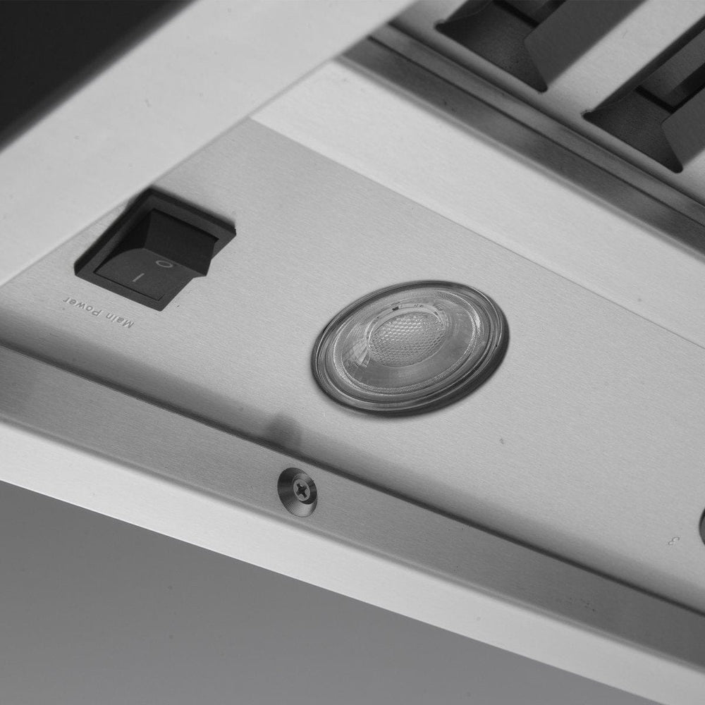 Close-up of the Island Range Hood by ProlineRangeHoods.com, crafted from 304 stainless steel, with powerful 1200 CFM.