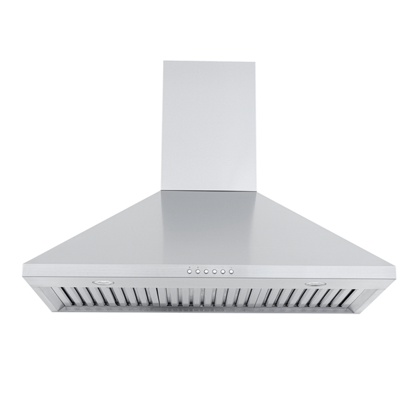 ProlineRangeHoods.com PLGW 129 SC wall-mounted stainless steel range hood, 900/1200 CFM, front view on white.