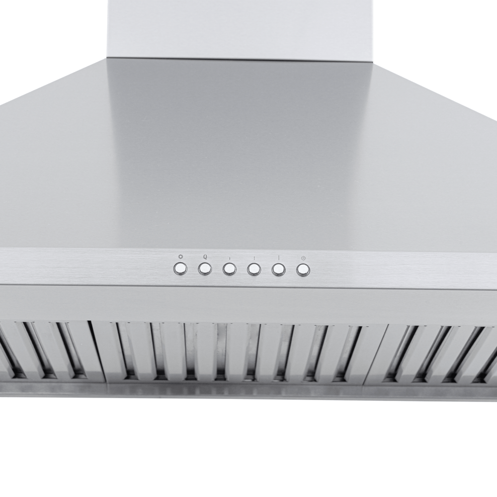 Close-up of Proline Range Hoods PLGW 129 SC, stainless steel, wall mount, ducted 900/1200 CFM. ProlineRangeHoods.com.