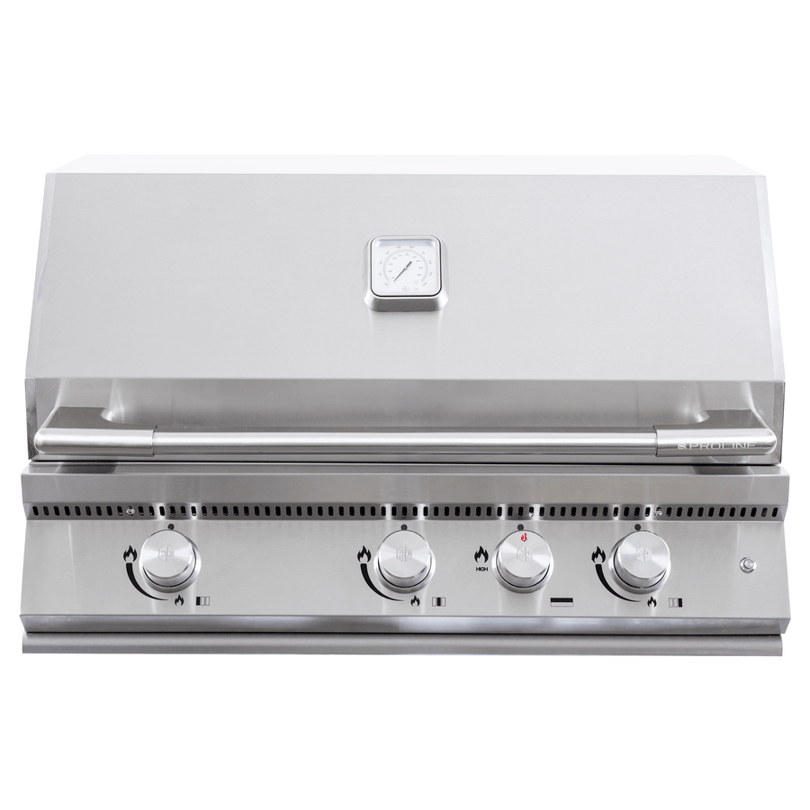 Proline PLI BBQ Elite 34-Inch Built-In Gas Grill with H-Burner & Rear Burner, front view with four control knobs and lid thermometer