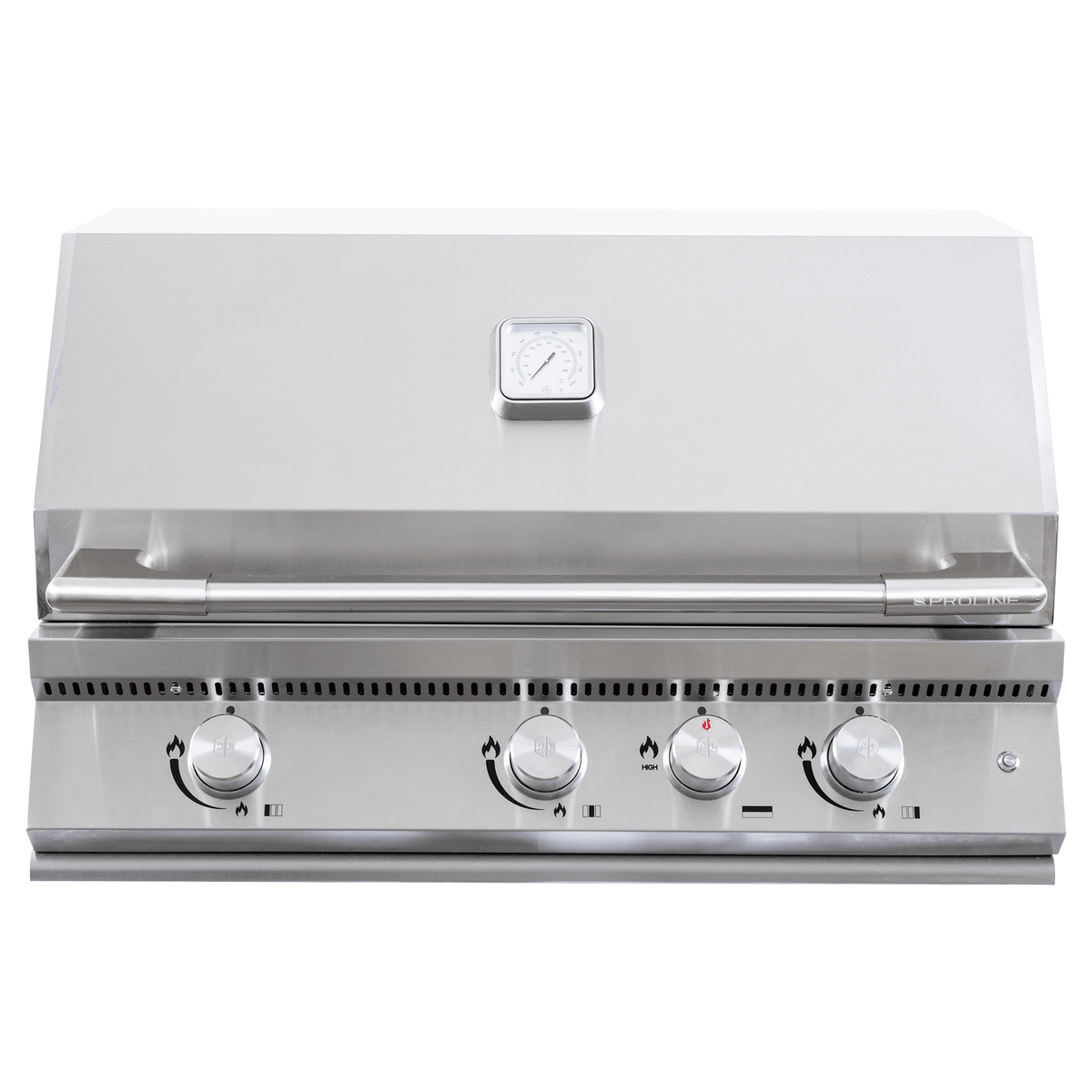 Proline PLI BBQ Elite 44-Inch Built-In Gas Grill with H-Burner & Rear Burner, front view with four control knobs and lid thermometer