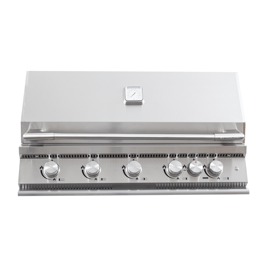 Proline PLI BBQ Select 32-Inch 4-Burner Built-In Gas Grill with Rear Burner, front view with six control knobs, lid and thermometer