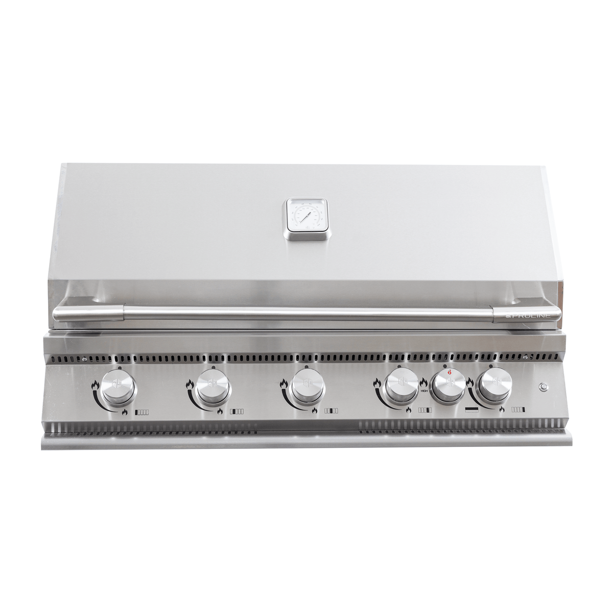 Proline PLI BBQ Select 40-Inch 5-Burner Built-In Gas Grill with Rear Burner, front view with six control knobs, lid and thermometer