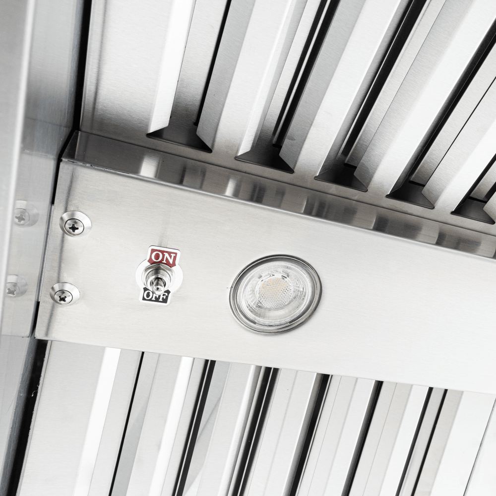 Proline PLJI 102 Island Range Hood in stainless steel, round light, on/off switch, 1200 CFM. ProlineRangeHoods.com.
