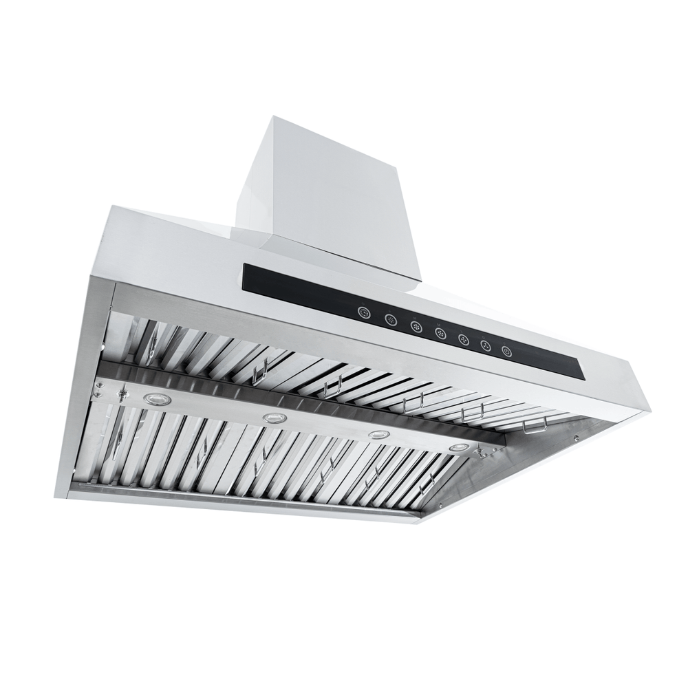 PLJI 102 Island Range Hood: sleek stainless steel, slatted filters, 1200 CFM. Visit ProlineRangeHoods.com for details.
