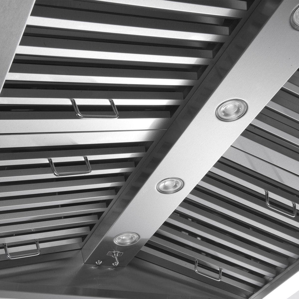 Close-up of Proline PLJI 103 island hood in stainless steel, dual motors, lights; ProlineRangeHoods.com.