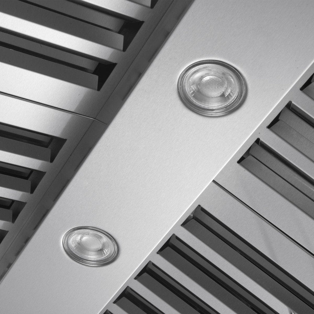 Close-up of Proline PLJI 103 ducted island range hood, stainless finish, 2 lights, vent slats; 1200 CFM. ProlineRangeHoods.com.