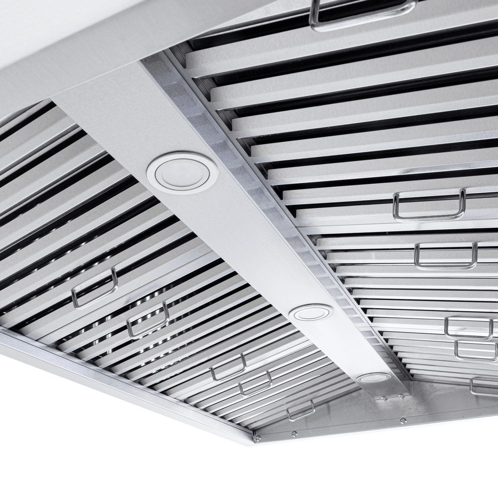 Close-up of Proline PLJI 109 Island Range Hood with slatted filters, lights, 1200 CFM motor. ProlineRangeHoods.com.