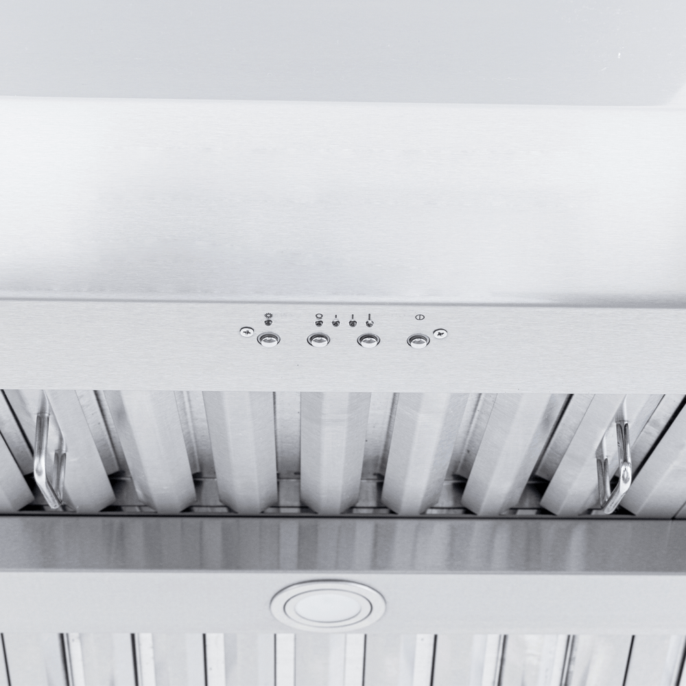 Proline PLJI 109 Island Range Hood with stainless finish, dual motors, 1200 CFM, filters—underside view. ProlineRangeHoods.com.