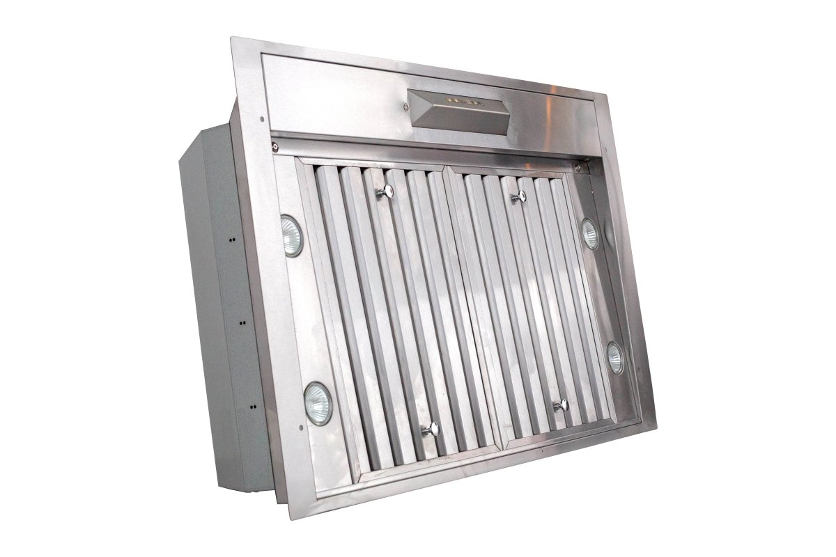 The Proline PLJL Hurricane Range Hood Insert/Liner from ProlineRangeHoods.com, available in 15, 18, or 21-inch depths, features a durable stainless steel design with built-in lights and dishwasher-safe filters.