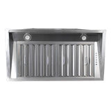 The Proline PLJL INS Insert Range Hood by ProlineRangeHoods.com features a compact stainless steel design with dual lights and side controls, delivering quiet operation at 600 or 1200 CFM.