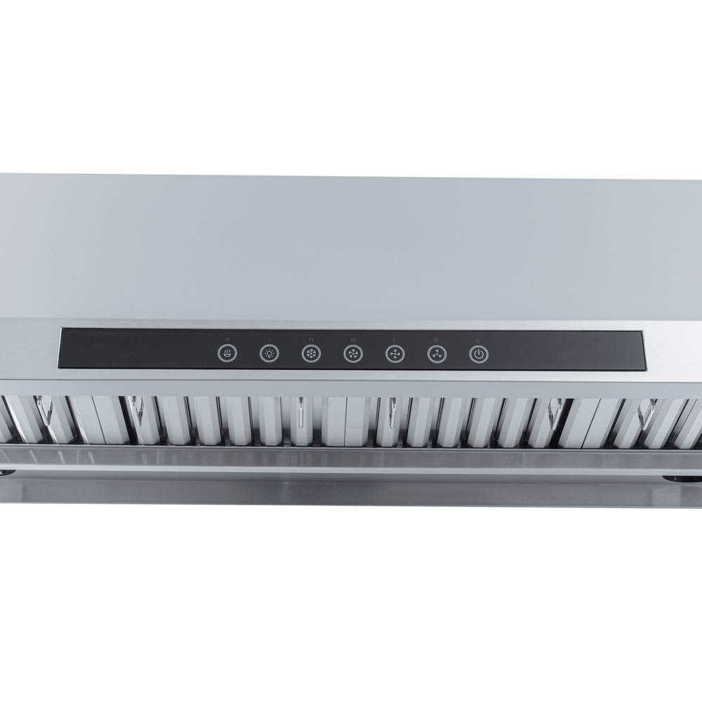 Proline PLJW 101 under-cabinet range hood, stainless steel, black controls, quiet, 1000/2000 CFM. ProlineRangeHoods.com.