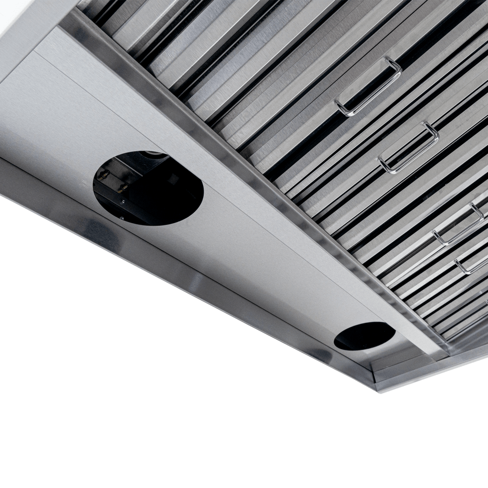 Close-up of Proline PLJW 101 stainless steel under-cabinet range hood with high airflow, filters, vents. ProlineRangeHoods.com.