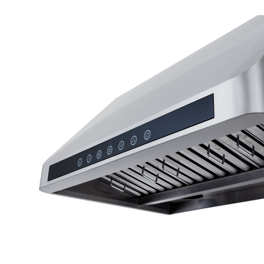 The Proline PLJW 101 under-cabinet hood, stainless finish, high CFM, and filters—low angle. ProlineRangeHoods.com.